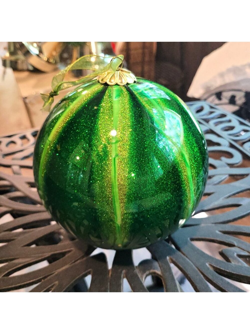 Frontgate Ornament Green & Gold Glitter Glass Melon Ball  6'' Ribbon Tag